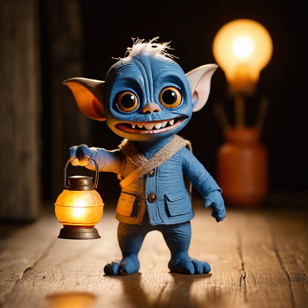 A small slate-blue monster in a patched little coat, holding up a glowing lantern on a dark workbench